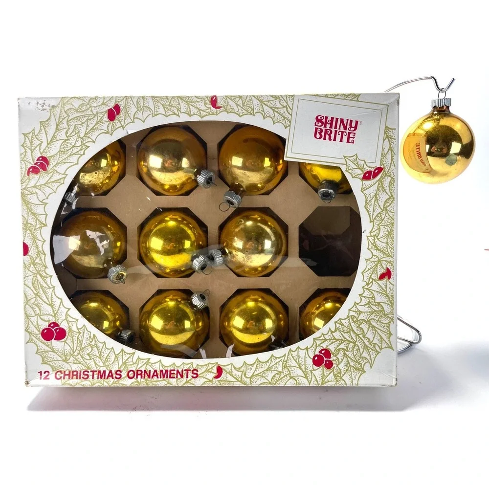 Shiny Brite Glass Christmas Ornaments Gold 12 Qty‎ Box 2.25
